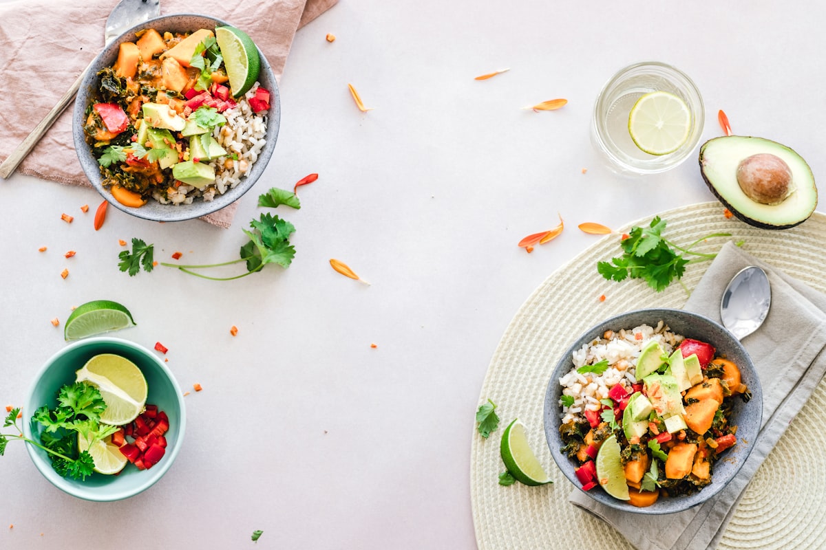 Colorful plate with balanced portions of protein, vegetables, and whole grains